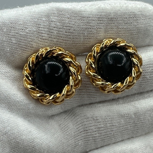 Vintage Christian Dior Chain Link Faux Black Onyx  Clip On Earrings #448 - Picture 5 of 5